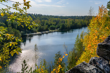 Marble canyon in the mountain park of Ruskeala, Karelia, Russia. Beautiful nature landscape.