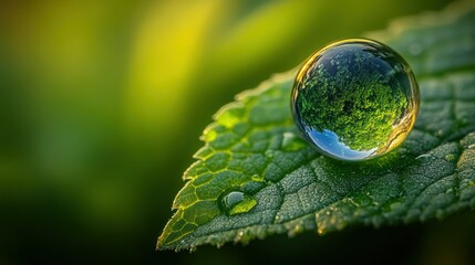 Dewdrop on leaf, miniature world