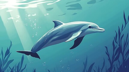 Fototapeta premium Dolphin swimming underwater sunlight.