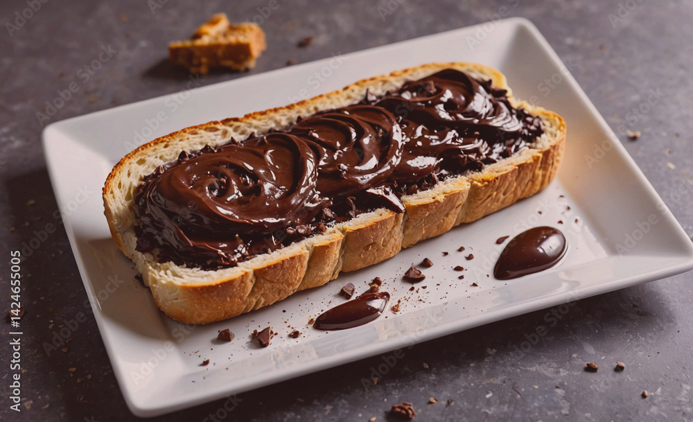 Aufkleber chocolate covered bread is on a white plate. the plate is on a table. the bread is covered in chocol