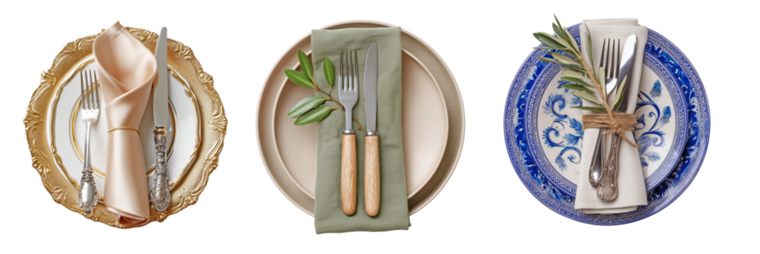 Top view of luxurious,Scandinavian and Mediterranean style table setting with gold-rimmed, floral and ceramic plates, olive branch, satin and linen napkins, silverware, isolated on transparent backgro
