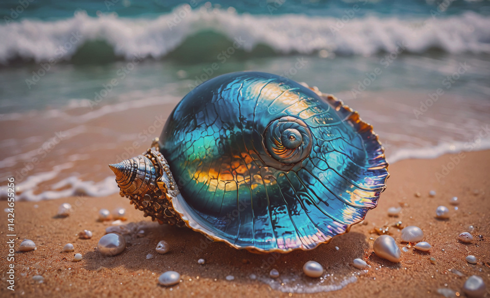 Fototapete Blue shell is on the beach with a lot of white pebbles. The shell is shiny and has a spiral shape