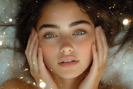 Glowing Portrait with Celestial Sparkles A Dreamy CloseUp of a Face Framed by Hands and Twink