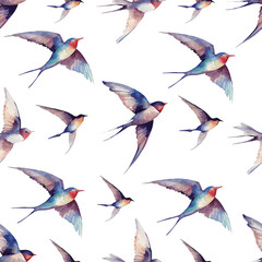 Flying Swallows Seamless Pattern Watercolor Vector Illustration