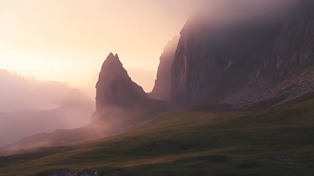 Misty Sunrise with Alpine Peaks.