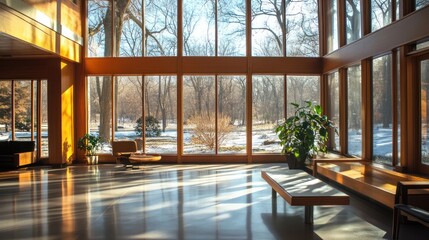 Fototapeta premium Sunlit, spacious interior with expansive windows showcasing winter landscape.