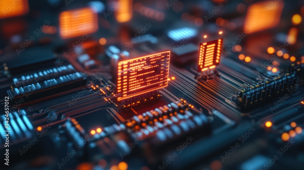 Poster glowing circuit board: digital data stream