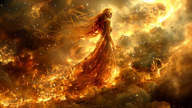 Fiery celestial woman in a blaze of glory