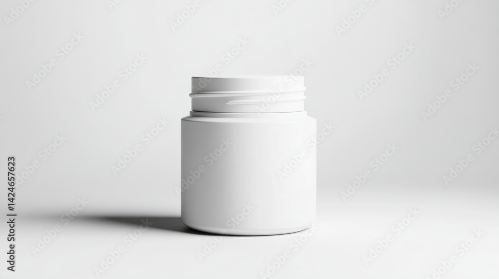 Poster white plastic jar clean minimalist style high-resolution studio lighting front centered view smooth 