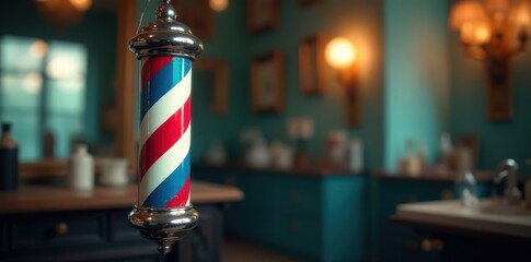 Barber pole with razors and combs, stripes, combs, circular