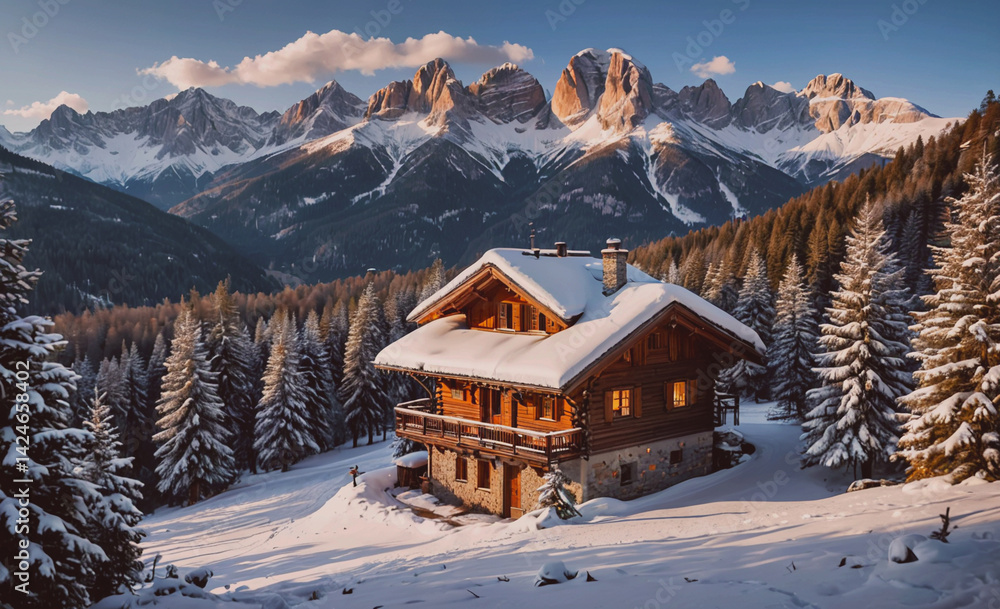 Aufkleber cozy cabin in the woods with a view of snow-capped mountains. the cabin is surrounded by pine trees 