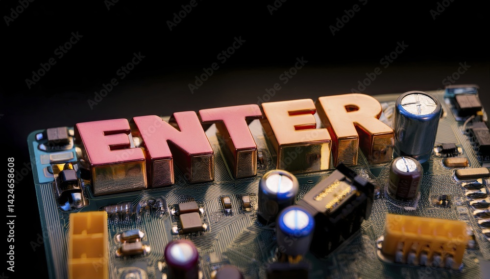 Poster close-up of colorful enter key on circuit board