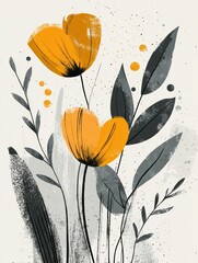 シンプルで現代的なスタイルで描かれたオレンジ色の花と緑の葉が楽しげに並んでいる。