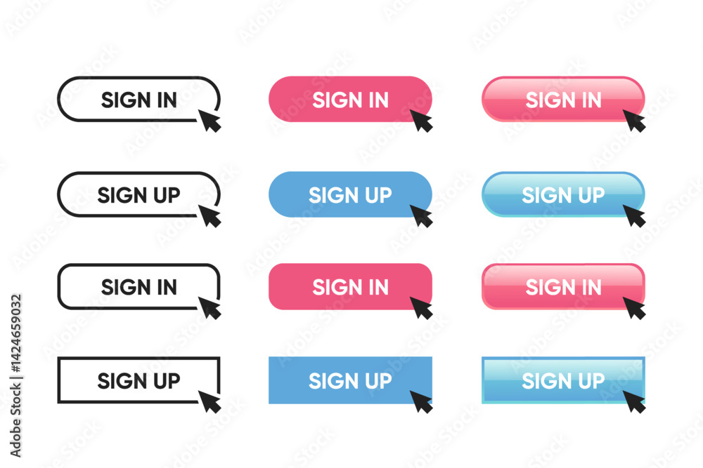 Aufkleber Set of sign in sign up forms. Registration and login buttons. Professional and User-friendly web and UI UX design elements. Username, email and password. Register page button.