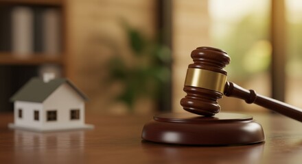 Wooden gavel resting on a round block with a model house in the background, symbolizing legal proceedings and real estate matters