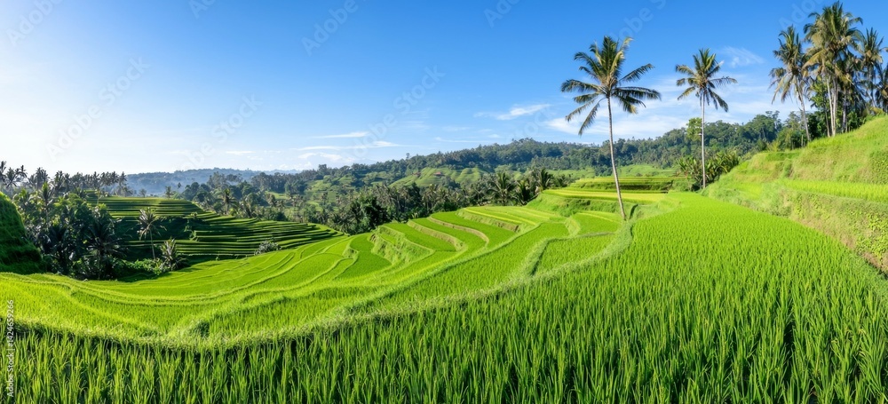 Poster a lush green field with a palm tree in the background