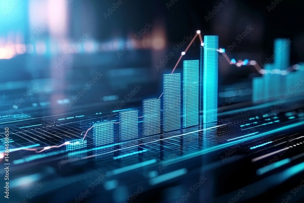 Poster a computer screen shows a graph of a stock market with a red line