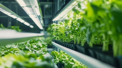 Indoor vertical farm growing fresh green leafy vegetables led eco food crop soil salad basil herbs