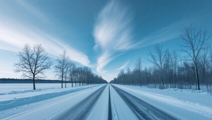 Fototapeta premium Snowy road in winter landscape with blue sky
