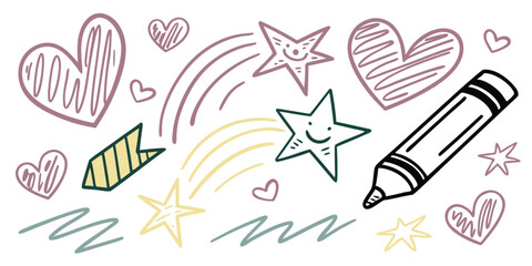 Hand-drawn hearts, colorful swirls, and funky doodles of stars and arrows create an artistic playground for imaginative kids
