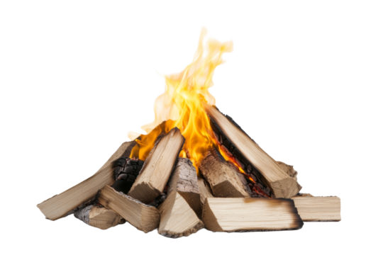 Pile of wood with a fire burning in the middle, isolated