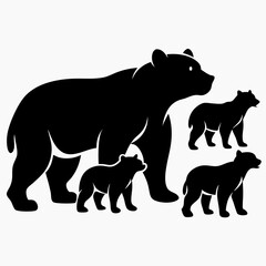 Mother Bear & Cubs Silhouette: Black Vector Family Wildlife Design.