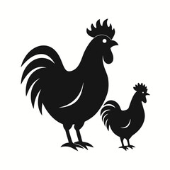 Rooster Hen Silhouette: Black & White Farm Animal Vector Illustration.