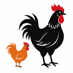 Black Rooster and Orange Hen Silhouette - Vector Illustration - Farm Animal Graphic.
