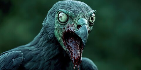 Fototapeta premium vulture sitting on zombie head chewing it -