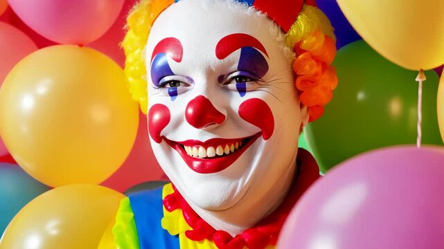 Colorful clown smiling amid balloons for circus celebration themes