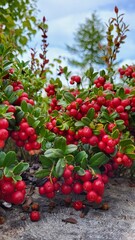 Obraz premium Bright red berries cluster among shiny green leaves, thriving in a tranquil outdoor environment. The scene showcases nature’s rich colors and textures during daytime.