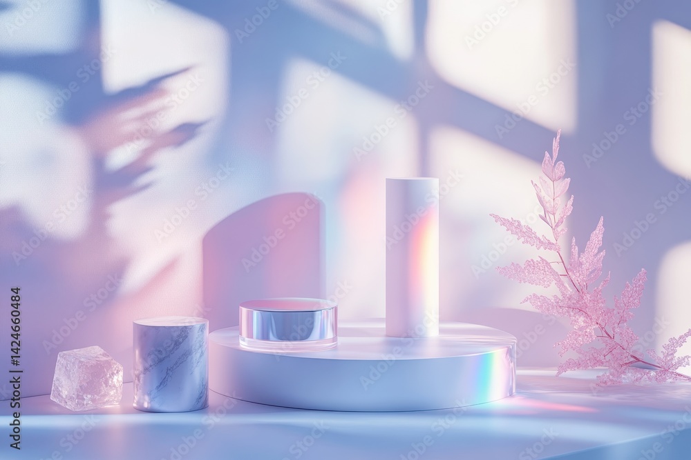 Poster colorful beauty product on a minimalistic display against a softly lit backdrop showcasing gradient 