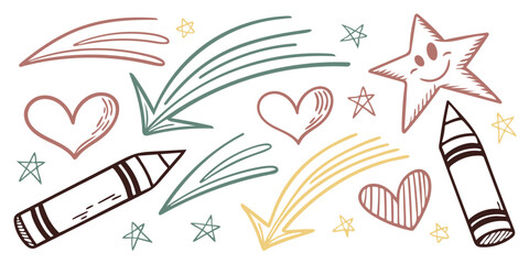 Vibrant crayon strokes, glittery stars, and doodled arrows turn the page into a magical canvas for creative young souls