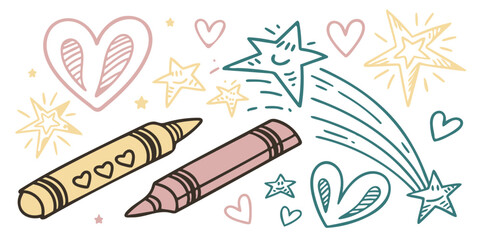 Cheerful sketches of stars, bouncing hearts, and quirky crayons fill the scene with bright energy and artistic inspiration for kids
