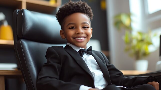 Smiling Young African American Boy in Stylish Black Suit Sitting in Modern Office Chair Successful Future Businessman Child Portrait Confident Happy Kid Executive Professional goal cute style dream - Powered by Adobe