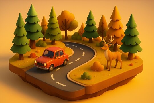 Cute autumn forest scene with cartoon car on curved road and deer among trees - Powered by Adobe