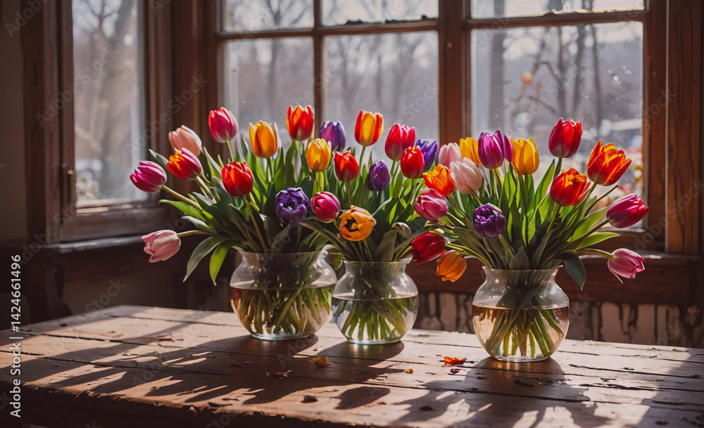 Aufkleber Three vases of tulips are arranged on a wooden table. The vases are filled with water and the tulips are in full bloom, creating a colorful and vibrant display