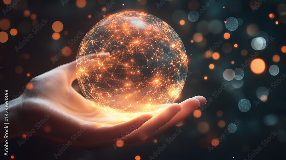 Poster glowing network sphere held in a gentle hand abstract digital art concept image web dark data light