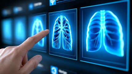 Human hand interacting with digital lung x-ray on screen