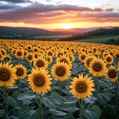Fototapeta premium Sunflower Field Glowing And Radiant Golden Summer Sunlight Scenic Picture