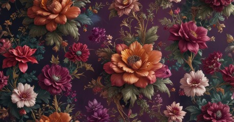 Opulent floral wallpaper, rich jewel tones, seamless design, colors, damask