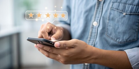 Customer review good rating feedback concept, A person using a smartphone to leave a 5-star review, with emphasizing online feedback. testimonial and testimony, user comment and feedback for review.