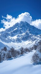 A snow covered mountain towering above a wintery landscape scene