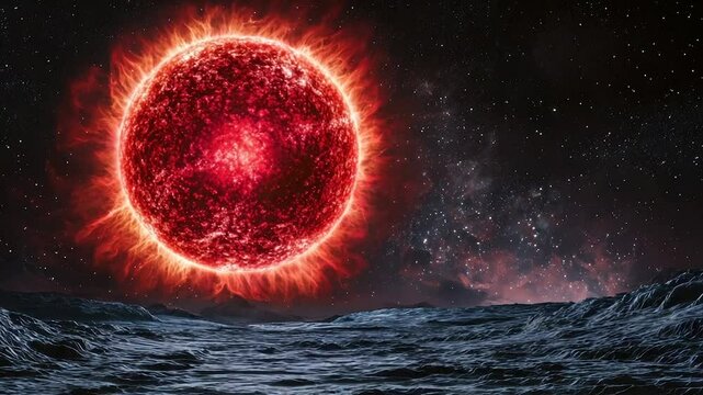 Fiery red giant star dominates a desolate, icy landscape under a starlit sky
