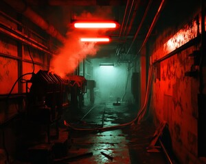 Underground Reactor Meltdown Scene: Flashing Red Lights, Thick Smoke, Broken Metal Structures. .