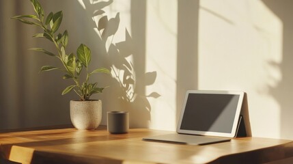 Sunlight streams onto a minimalist workspace.