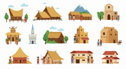 Diverse Houses and People Illustrated in a Vibrant Style  