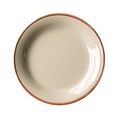 Close up of a cream colored plate with a brown rim against a dark space