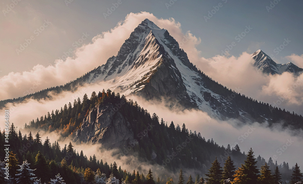 Poster the mountain range is covered in snow and the sky is cloudy. the trees are tall and the mountains ar
