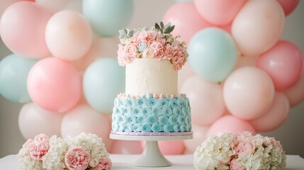 Fototapeta premium Elegant two-tier cake adorned with fresh flowers displayed at a pastel-themed celebration setting in the afternoon